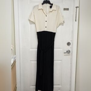 Maison Tara Women's Pleated Top Flowy Leg Jumpsuit Cream&Black Size 6